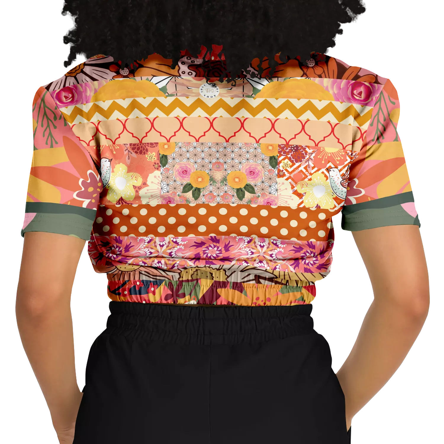 Yogananda Striped Floral Patchwork Short Sleeve Cropped Eco-Poly Sweater