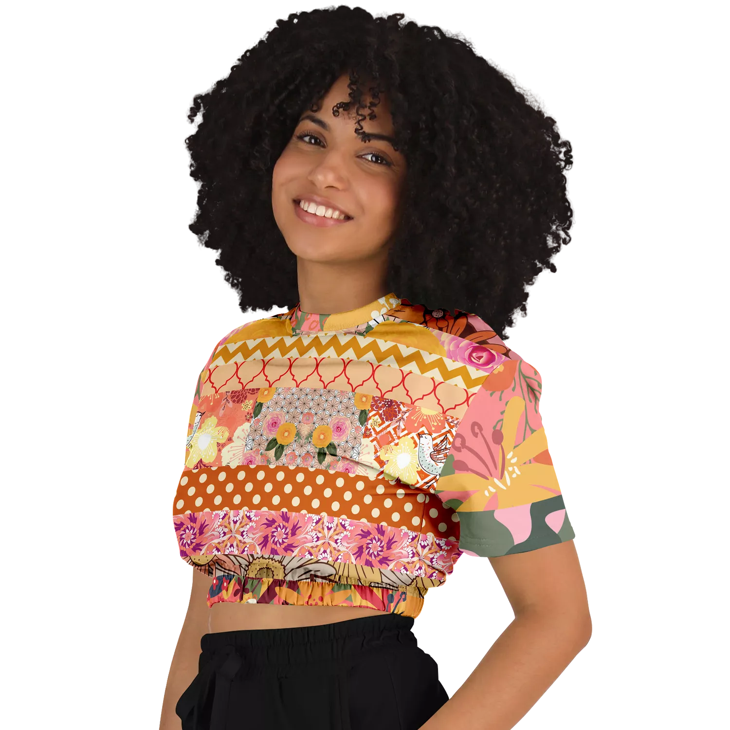 Yogananda Striped Floral Patchwork Short Sleeve Cropped Eco-Poly Sweater