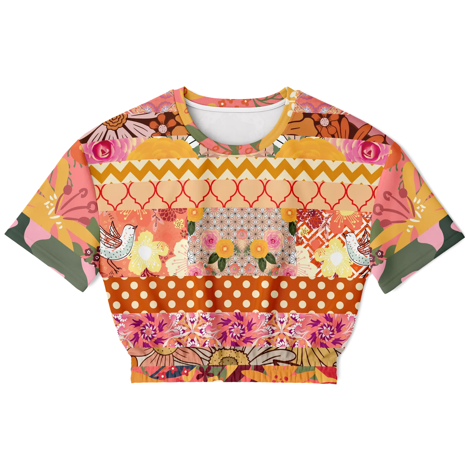 Yogananda Striped Floral Patchwork Short Sleeve Cropped Eco-Poly Sweater