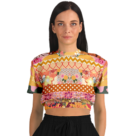 Yogananda Striped Floral Patchwork Short Sleeve Cropped Eco-Poly Sweater