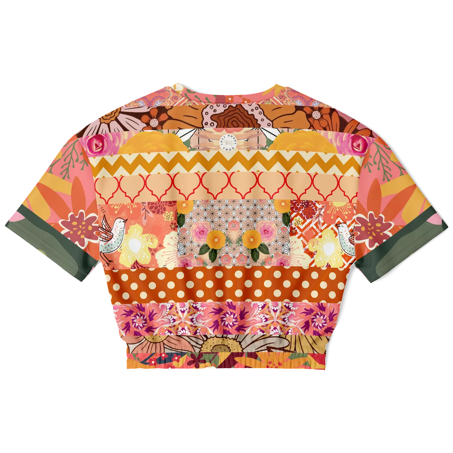 Yogananda Striped Floral Patchwork Short Sleeve Cropped Eco-Poly Sweater