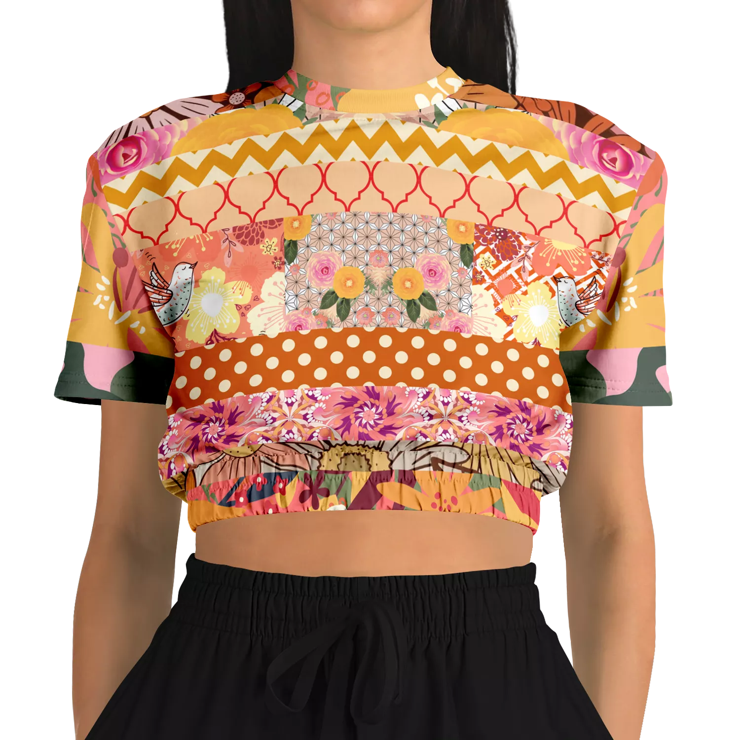 Yogananda Striped Floral Patchwork Short Sleeve Cropped Eco-Poly Sweater