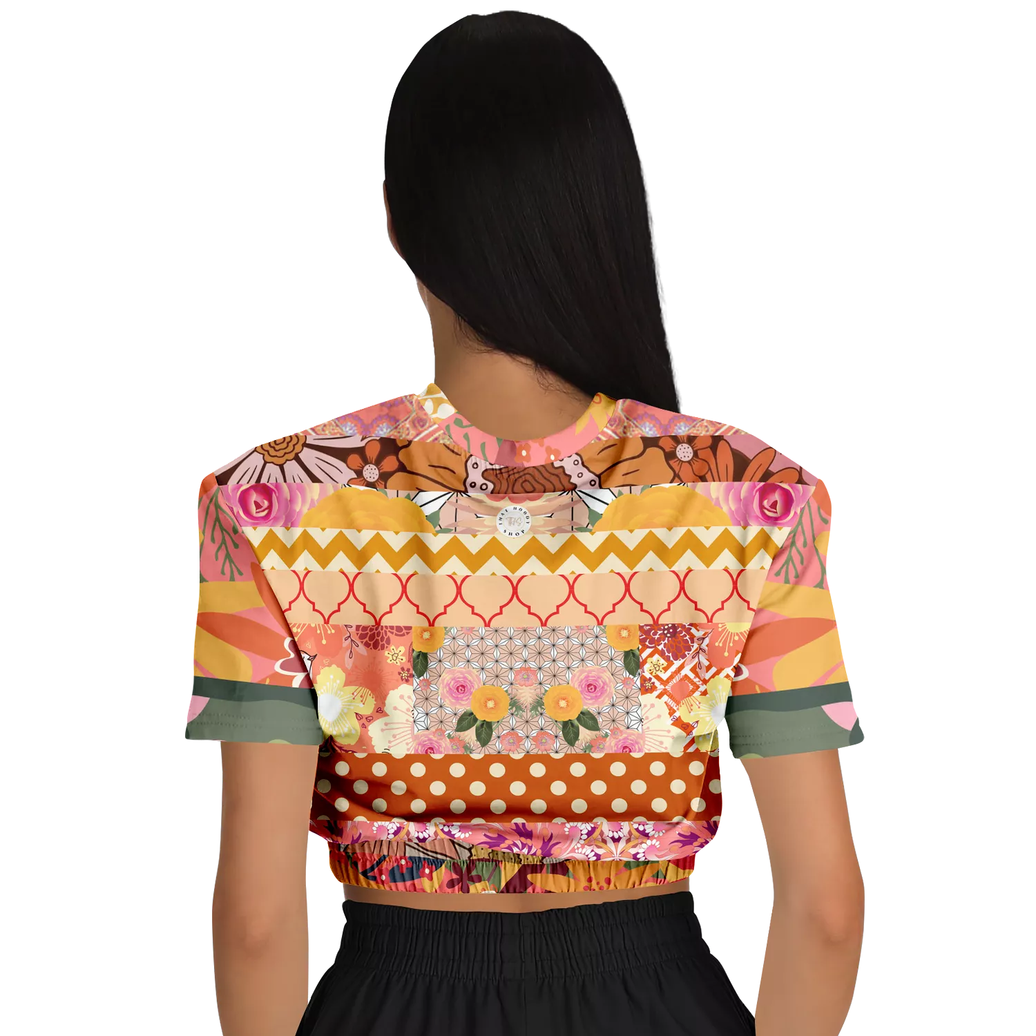 Yogananda Striped Floral Patchwork Short Sleeve Cropped Eco-Poly Sweater