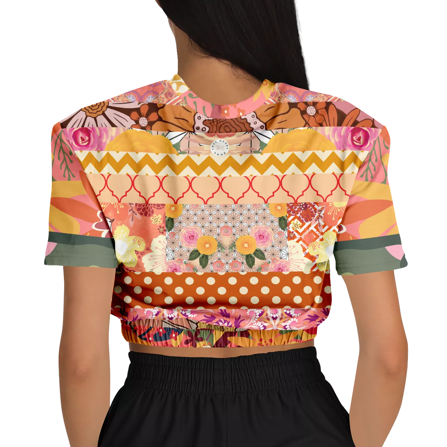 Yogananda Striped Floral Patchwork Short Sleeve Cropped Eco-Poly Sweater