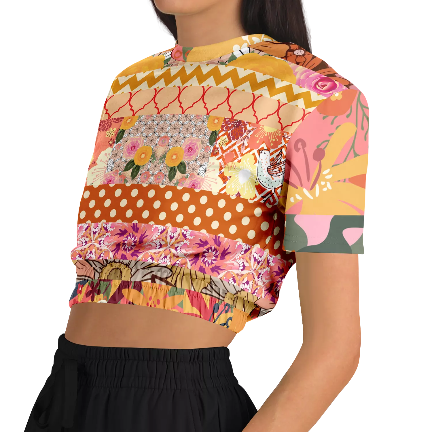 Yogananda Striped Floral Patchwork Short Sleeve Cropped Eco-Poly Sweater